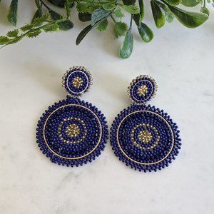 Beaded Blue & Gold Statement Earrings